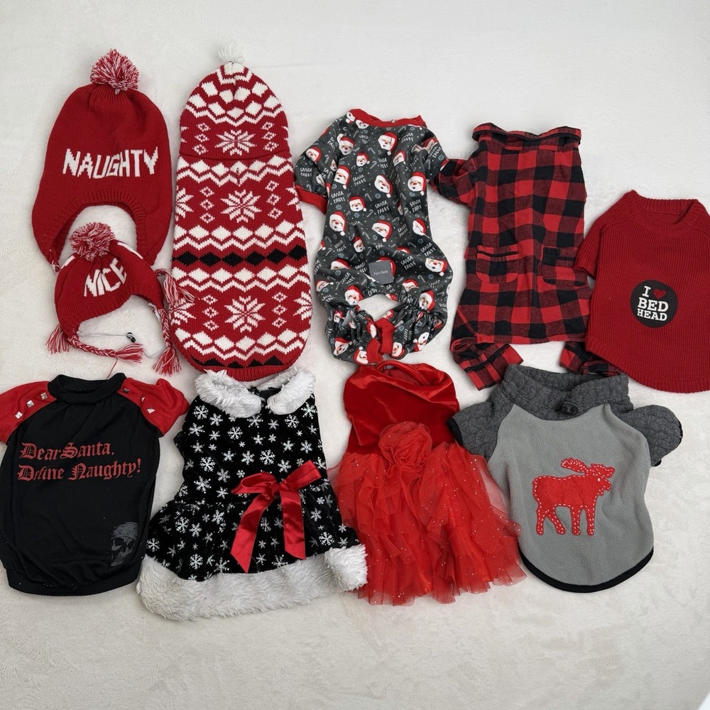 10 Pc Christmas Dog Clothing Lot - Sweaters Pj's Dresses Dog/Owner Toques - M